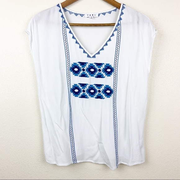 THML Tops - THML White Sleeveless Southwest Blue Embroidery